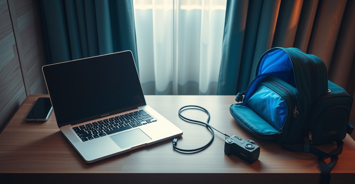 MacBook and action camera on a hotel desk, wireless transfer without USB cable