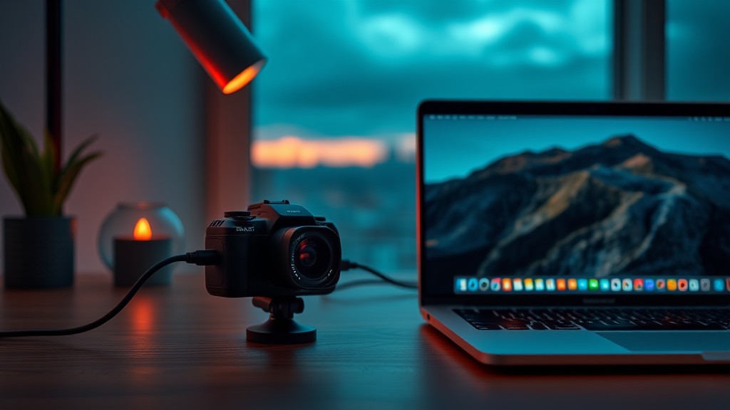 USB 线连接运动相机与 MacBook 示意图
